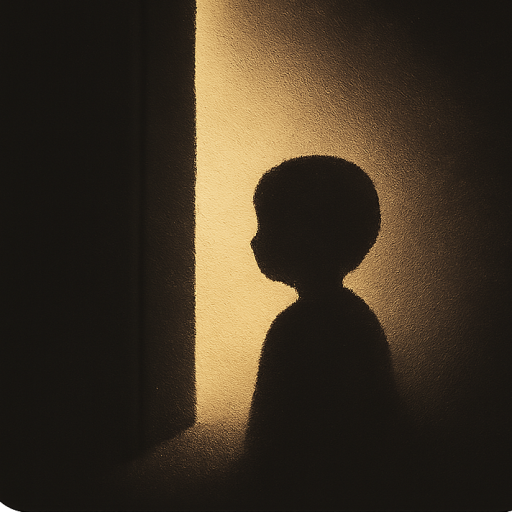 A silhouette of a child standing in front of a narrow beam of light coming through a slightly open door, evoking a quiet and emotional mood.